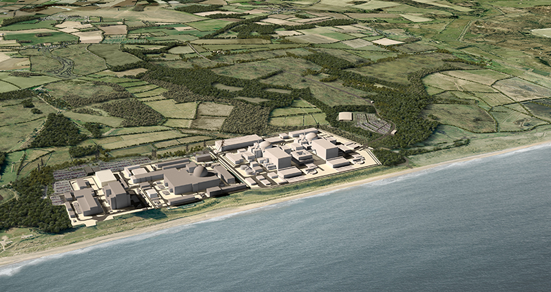 Illustrationen här visar hur kärnkraftverket Sizewell C i Suffolk, England, kan se ut i färdigt skick. Det rör sig om ett föreslaget projekt för att bygga ett  3 200 MW kärnkraftverk med inledningsvis två EPR-reaktorer. (EPR = European Pressurized Water Reactor, en modern tredje generationens tryckvattenreaktor som utvecklats av Frankrike och Tyskland) Tidigare hade Kina en stark roll i projektet men sedan man tagit fram en ny finansieringsmodell,  har man lyckats koppla bort Kina från projektet. Illustration: EDF Energy