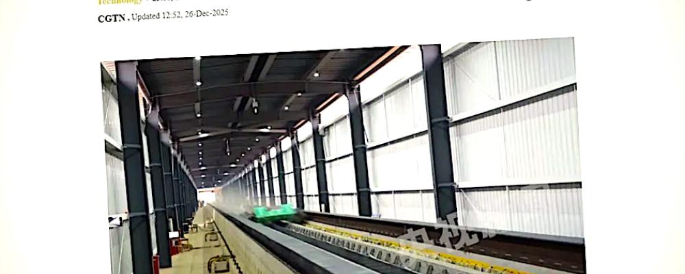 Accelerationstest. Ett kinesiskt maglevfordon nådde 700 km/h på en 400 meter lång testbana. Skärmbild från CGTN.