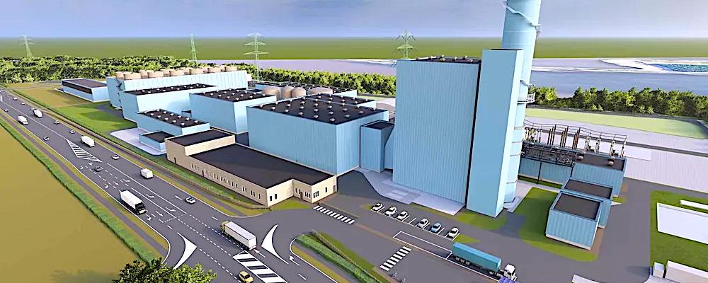 Illustration av RWE:s planerade 850 megawatt stora ”vätgasklara” kraftverk i Voerde i Tyskland. Bild: RWE