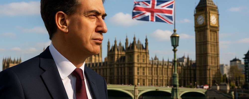 Redan i samband med att Labour återtog makten 2024 presenterade Miliband en omfattande plan för att ställa om Storbritanniens energisystem. Illustration: AI-genererad bild. Ej ett fotografi. Upphovsrätt © Conventus