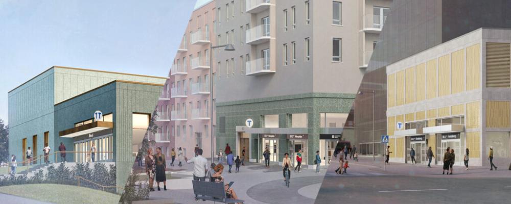 Så här kan entréerna till gula linjens nya stationer se ut; Älvsjö, Östbergahöjden och Årstaberg. Visionsbild: Region Stockholm/&Rundquist