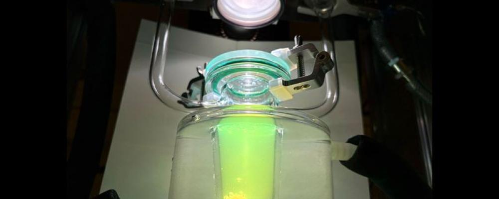 Ett nytt forskningsgenombrott öppnar för effektiv vätgasproduktion direkt från solenergi – utan bristmetallen platina. I reaktorn på kemilabbet på Chalmers går det att se med blotta ögat hur vätgasen effektivt bildas med hjälp av fotokatalys. Foto: Chalmers tekniska högskola | Mia Halleröd Palmgren