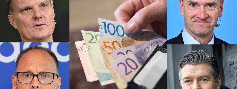 TT: Överst från vänster, Swedbanks vd Jens Henriksson, Michael Green, vd Handelsbanken, Nordeas vd Frank Vang-Jensen och längst ner till höger SEB:s vd Johan Torgeby. Arkivbilder.