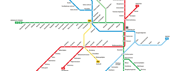 ​
På tunnelbanans linjekarta har den nya förbindelsen mellan Fridhemsplan och Älvsjö med sex nya stationer fått färgen gul.

​