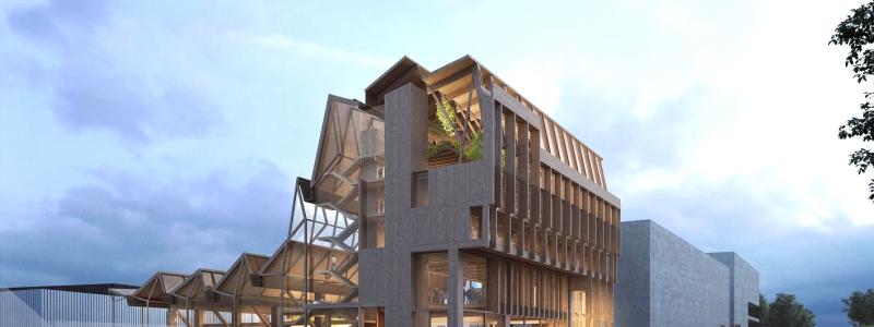Träbyggnaden Anthony Timberlands Centre for Design and Materials Innovation vid University of Arkansas, Fay Jones School of Architecture har väckt internationell uppmärksamhet. Foto: Crafton Architects