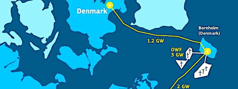 Energiö Bornholm återupptas. Danmark bidrar med cirka 42 miljarder kronor medan Tyskland finansierar 70 procent av stödet till havsvind. Karta: Energiö-projektet