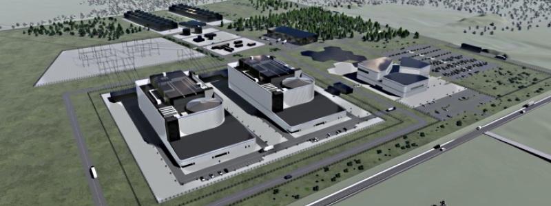 Illustration av två BWRX-300 minikärnreaktorer (Bild: Fermi Energia)