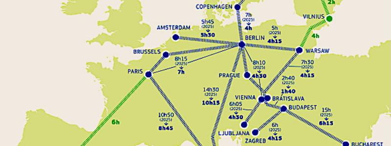 EU:s nya plan ska halvera restiderna mellan flera europeiska storstäder till 2040. Karta: Europeiska Kommissionen.