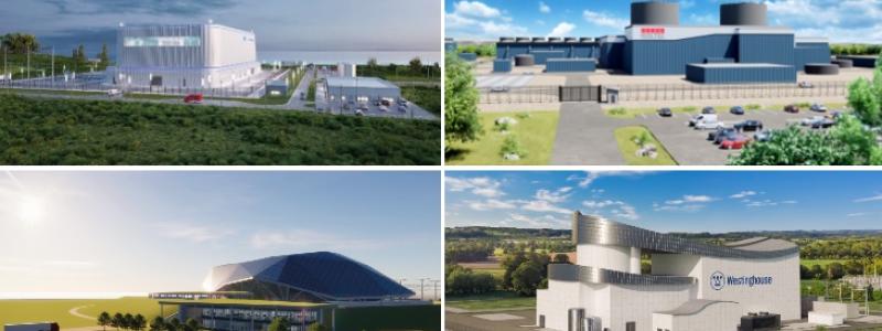 Sammanställning av anbudsgivarnas föreslagna SMR-modeller. Foton: GE Hitachi, Holtec och Westinghouse samt brittiska Rolls-Royce