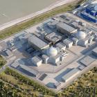 Sizewell C i mitten av bilden med det befintliga Sizewell B uppe till höger. Illustration: Brittiska regeringen