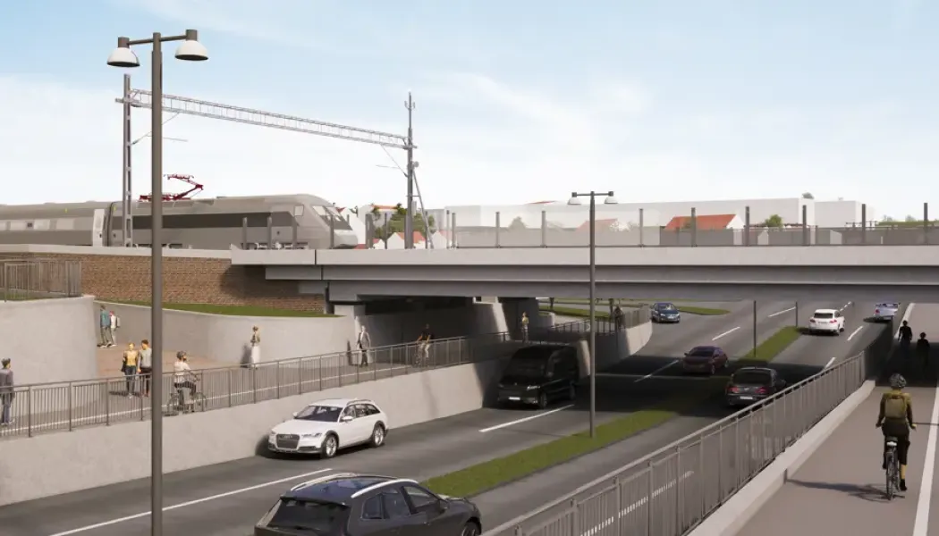 Visionsbild som visar järnvägsbron och Brunnsgatan när bygget är klart. Illustration: Trafikverket