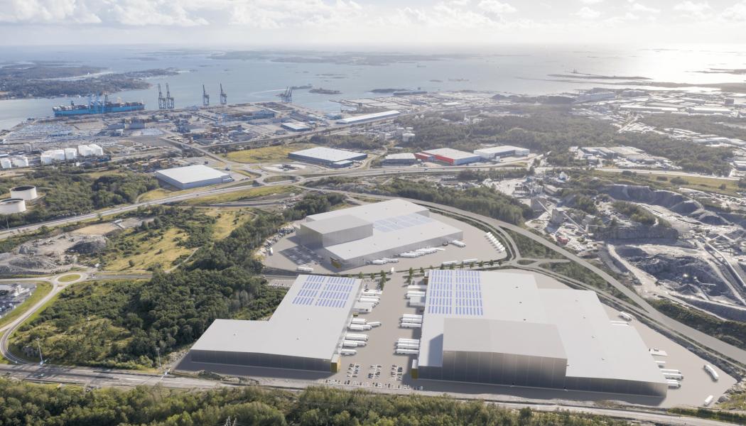 Tidig visionsbild över den nya hamnnära logistikparken på Halvorsäng där OneMed blir första hyresgäst. Bild: Castellum/Göteborgs Hamn AB