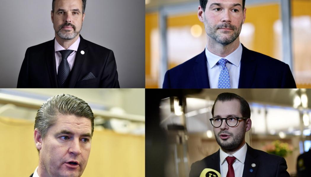 Henrik Montgomery, Stefan Jerrevång, Stina Stjernkvist / TT: Överst från vänster: Eric Westroth, politiker, riksdagsledamot för Sverigedemokraterna, Johan Forssell, Moderaternas rättspolitiska talesperson, Oscar Sjöstedt, Sverigedemokraternas ekonomisk-politiske talesperson, Mattias Bäckström Johansson, riksdagsledamot för Sverigedemokraterna. Arkivbild.