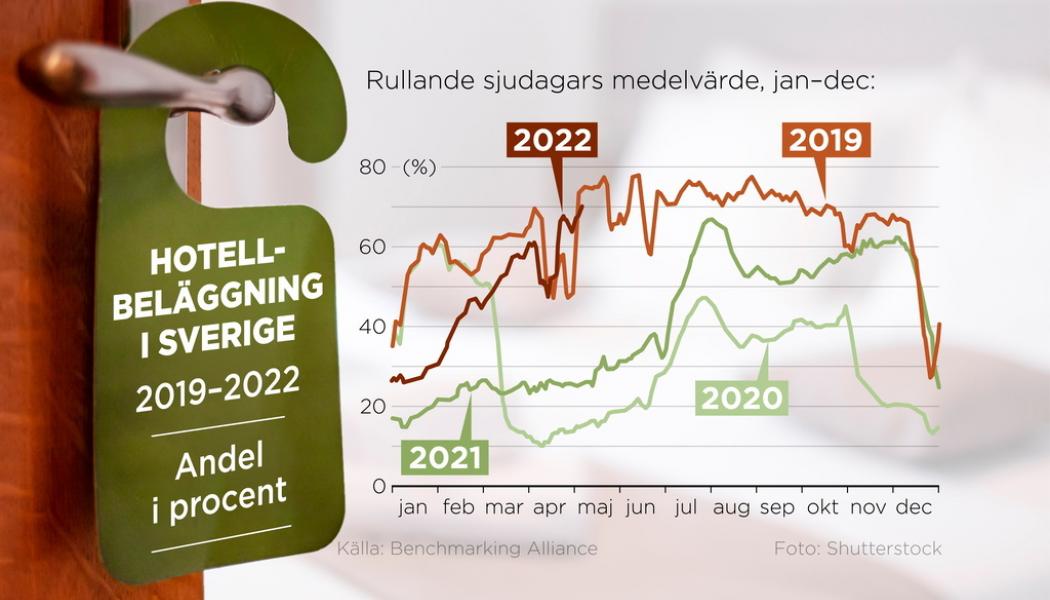 Anders Humlebo/TT: Hotellbeläggning i Sverige 2019–2022, rullande sjudagars medelvärde.