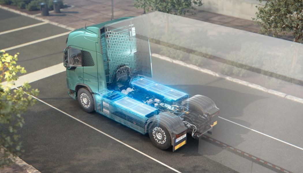 Illustration: Volvo Lastvagnar: Skiss som visar batterier i en eldriven Volvolastbil.