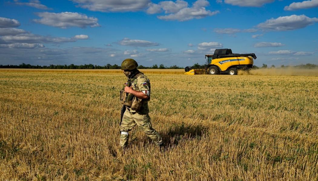 AP/TT: En rysk soldat på en ukrainsk åker. Bilden tagen den 14 juli i år, på en rundtur arrangerad av det ryska försvarsdepartementet.