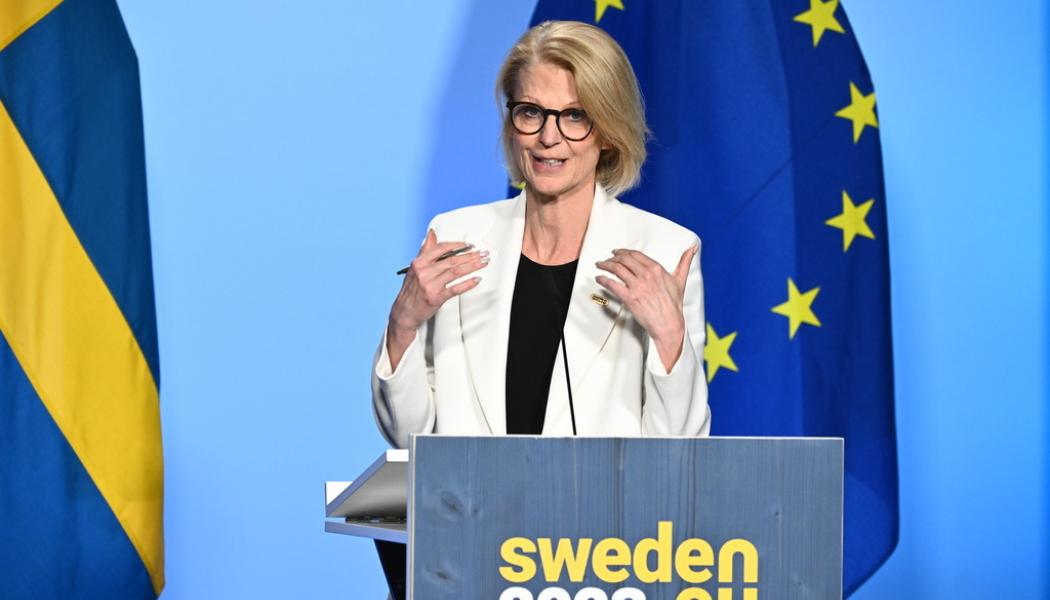 Claudio Bresciani/TT: Finansminister Elisabeth Svantesson (M) under en presskonferens i samband med lördagens informella EU-möte.