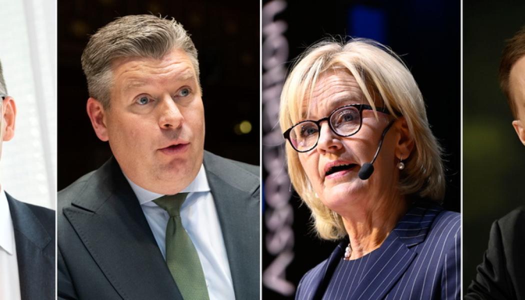 /TT: Fyra storbanksdirektörer som kan bättre. Från vänster Frank Vang-Jensen, vd Nordea, Johan Torgeby, vd SEB, Carina Åkerström, vd Handelsbankenoch Jens Henriksson, vd på Swedbank. Arkivbilder.