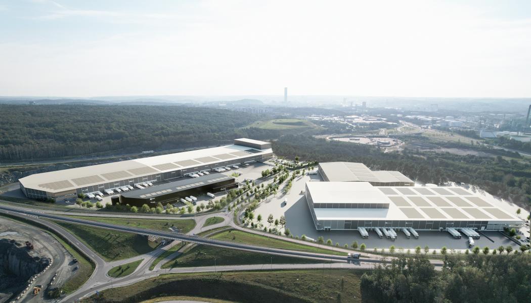 Visionsbild över den framväxande Halvorsäng logistikpark, strax norr om Göteborgs Hamn. Vink hyr in sig i den svarta byggnaden på bilden. Bild: Castellum/Göteborgs Hamn AB.