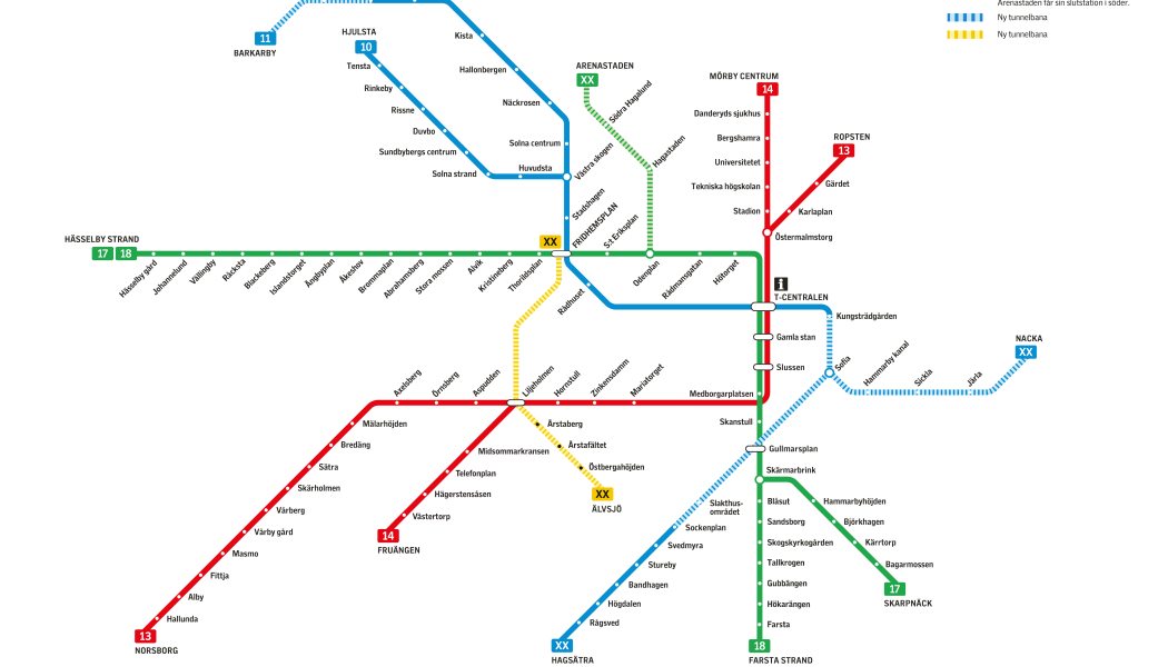 ​
På tunnelbanans linjekarta har den nya förbindelsen mellan Fridhemsplan och Älvsjö med sex nya stationer fått färgen gul.

​