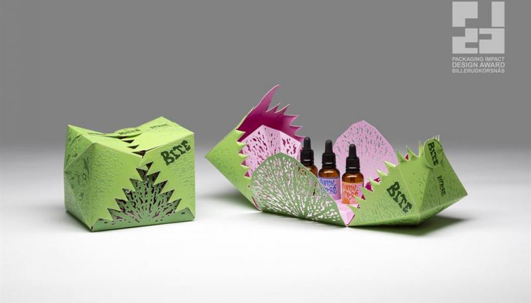 Designprojektet “Bite Botanical Bitters” – ett förpackningskoncept för en samling smaksättningar för drinkmixers – vann PIDA Gold Award vid PIDA Sweden 2022. Det vinnande laget kom från Brobygrafiska och bestod av Herman Rydholm, Sofi Hansson och Julia Abrahamsson. Foto: BillerudKorsnäs