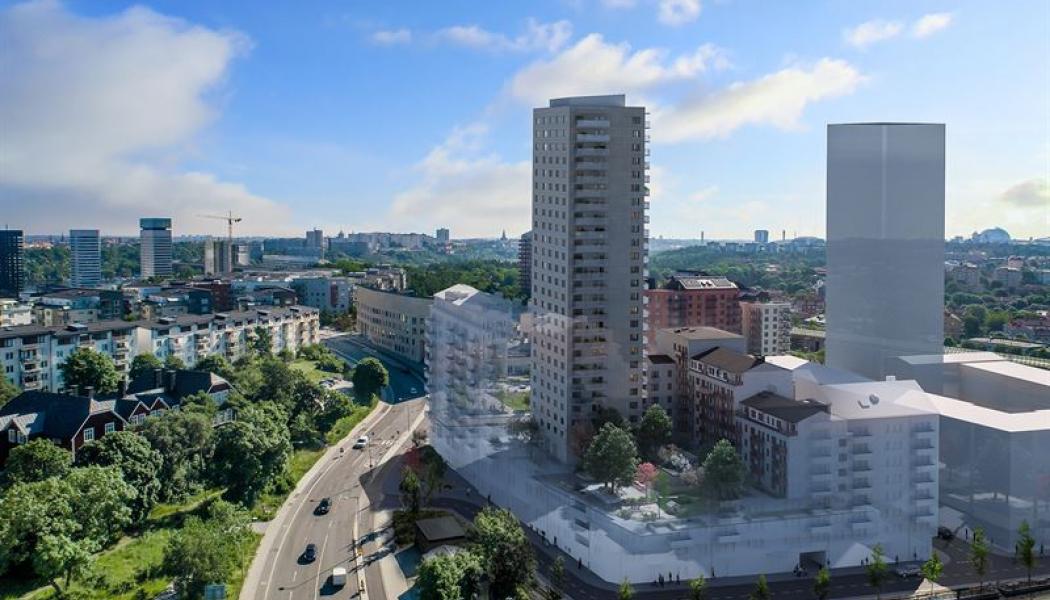 Bild från området där det nya Kv. Knutpunkten syns till höger och projekt Kv. Fritiden till vänster som PE tidigare varit delaktiga i. Foto: Ikano Bostad