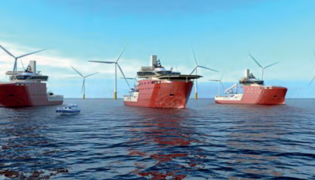 Visualisering av servicefartyg vid den gigantiska vindkraftsparken Dogger Bank i Nordsjön som är under uppbyggnad. Ill: North Star Renewables Animatrion