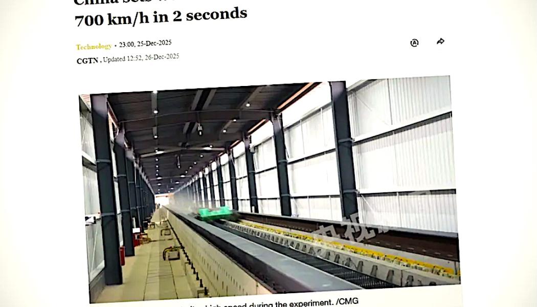 Accelerationstest. Ett kinesiskt maglevfordon nådde 700 km/h på en 400 meter lång testbana. Skärmbild från CGTN.