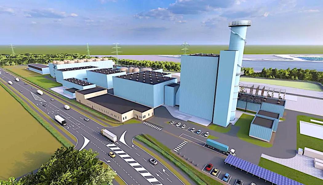 Illustration av RWE:s planerade 850 megawatt stora ”vätgasklara” kraftverk i Voerde i Tyskland. Bild: RWE