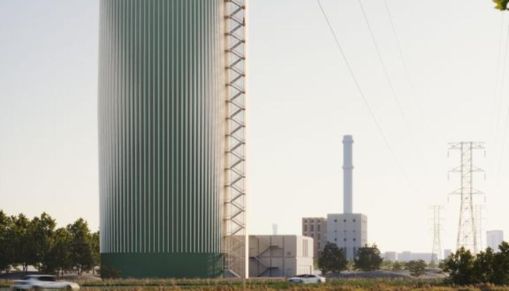 Illustration av den planerade ackumulatortanken i Norra hamnen i Malmö. Anläggningen fungerar som ett energilager för fjärrvärme och ska bidra till ett mer flexibelt och robust energisystem. Illustration: Liljewall arkitekter