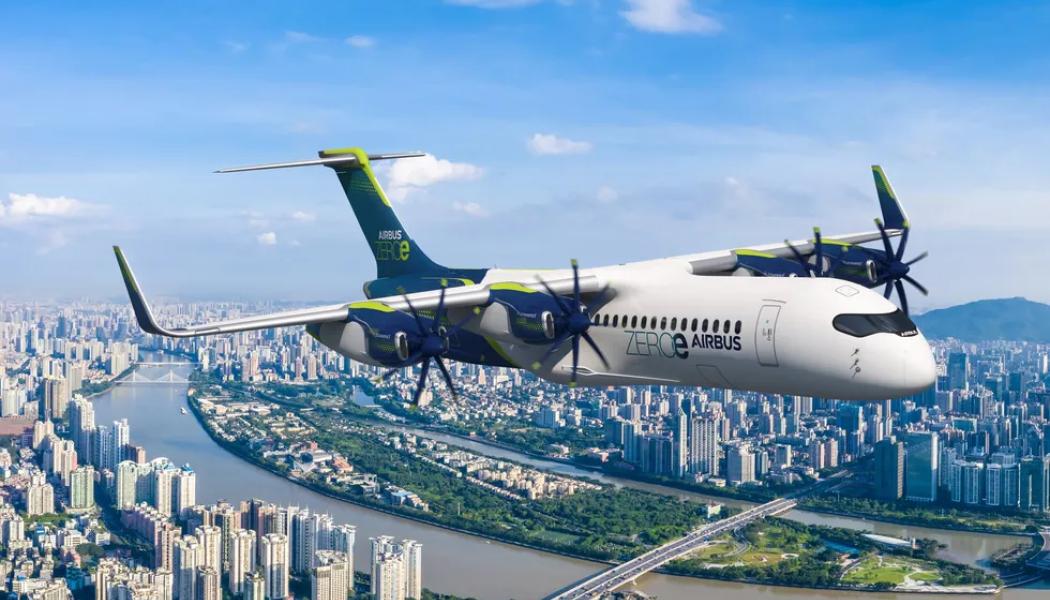 En datorgenererad modell av ett planerat bränslecellsflygplan. Bild: Airbus