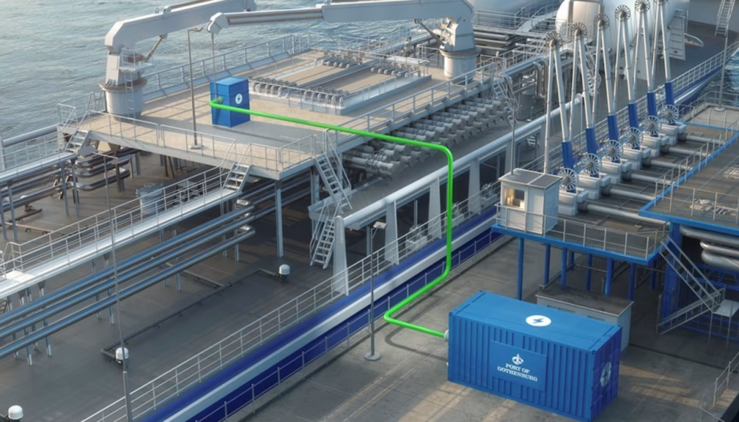 Elanslutning via anslutningscontainrarna som kommer att anläggas permanent vid kajerna i Energihamnen. Illustration: Göteborgs Hamn