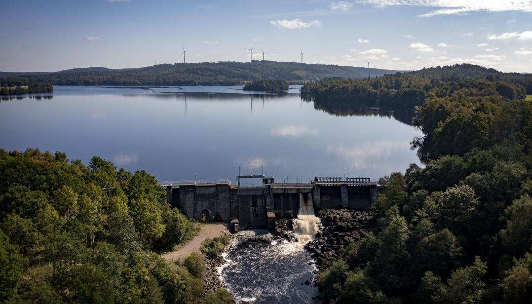 Ätraforsdammen i Ätran. En tidigare älvsträcka har förvandlats till ett lugnflytande, sjölikt system. Samtidigt hindras fiskens vandring i vattendraget. Foto: Duncan Philpott