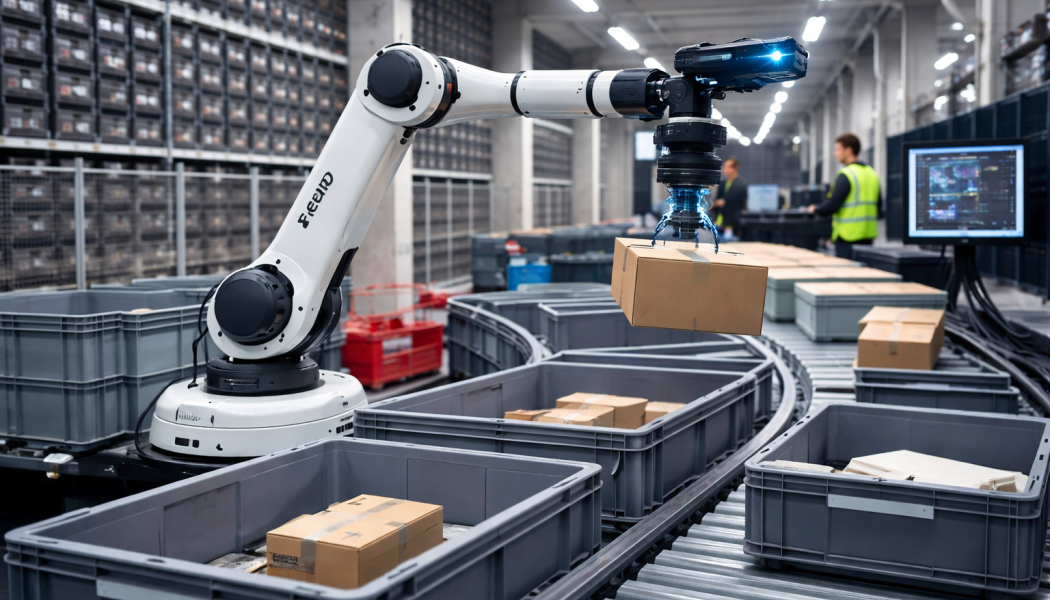 Automationslösningen klarar 800 till 1 200 plock per timme. Illustration: AI-genererad bild. Ej ett fotografi.
Upphovsrätt © Conventus– AI-genererat innehåll. Inget av materialet får reproduceras eller användas i andra sammanhang utan skriftligt medgivande.
