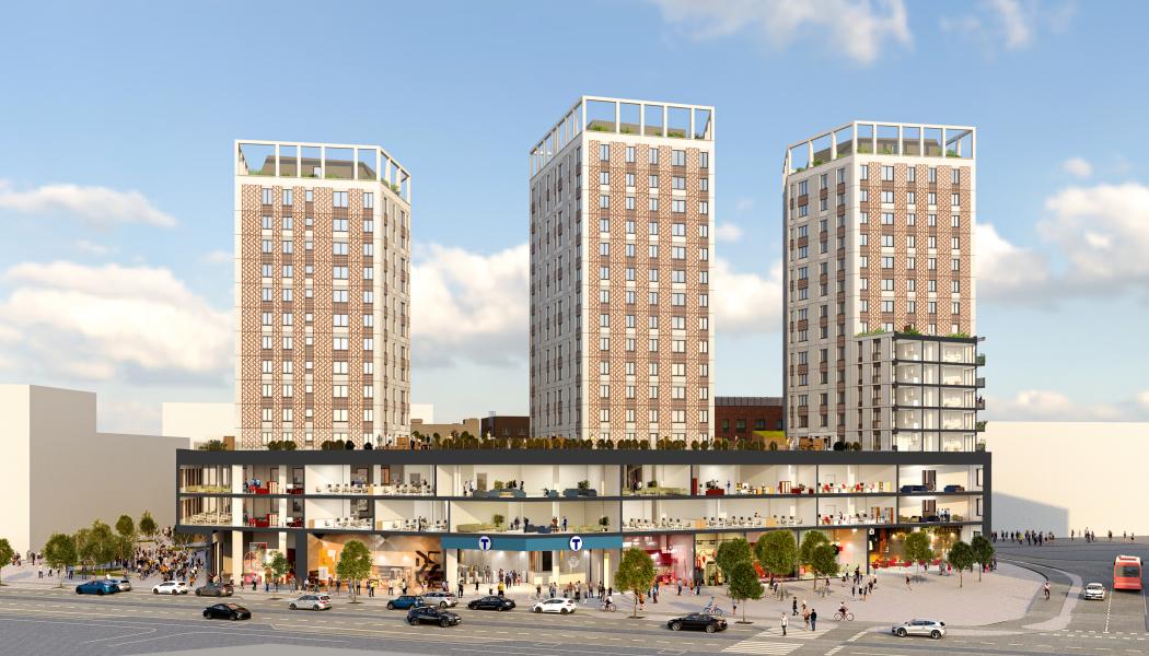 Kvarter 9 med de tre höga tornen har entré till Barkarbystadens tunnelbanestation och möjlighet till ett stort kommersiellt innehåll i bottenvåningarna. Till vänster skymtar Flygfältsplatsen och till höger Kårplatsen. I de tre tornen blir det bostäder, både bostadsrätter och hyresrätter. Pressbild: Järfälla kommun