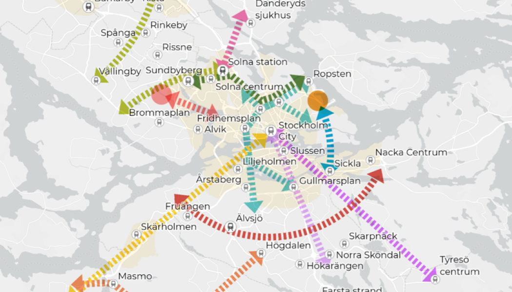 Behovsanalysen pekar ut flera möjliga tunnelbane- och spårvägssatsningar i Stockholmsregionen. Karta: Miljöpartiet