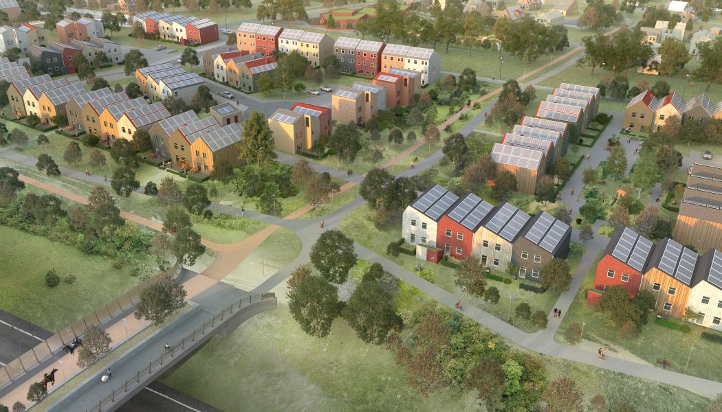 Vy från luften av bostadsområdet Östra Ramlösa. Till vänster i bild finns en gång och cykelbro. En bit in i bilden ser man ett stort antal radhus i olika färger. Illustration:  
Helsingborgs stad i samarbete med arkitektkontoret Warm in the Winter