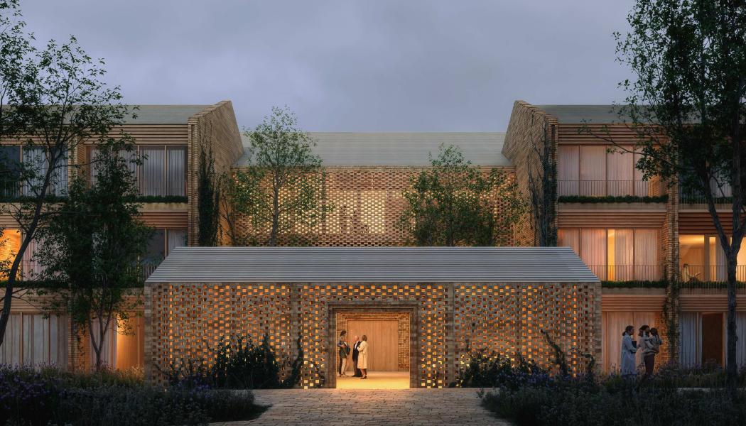 Visualiseringar visar hur Sankt Lukas Hospice byggs som en by i skogsmiljö, med återbrukat tegel och trädgårdsrum mellan byggnaderna. Foto: Bjarke Ingels Group (BIG).