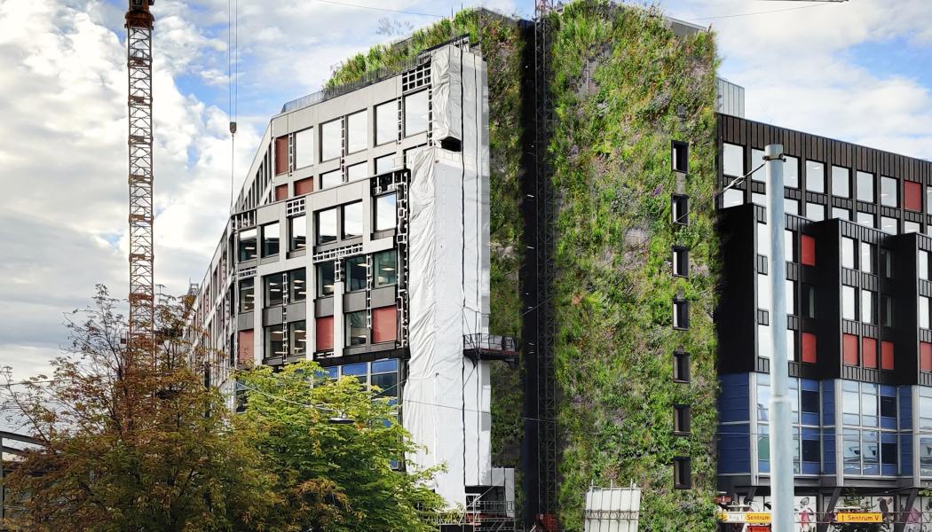 Vy som möter besökare som kommer in till Oslo med tåg. Det 35 meter höga trapphuset med Europas högsta växtvägg.