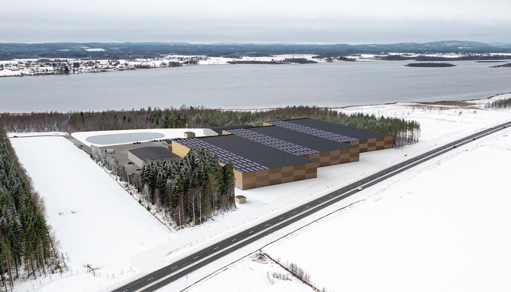 Drönarbild med illustration av den planerade anläggningen. Bild: Hushållningssällskapet Norrbotten-Västerbotten