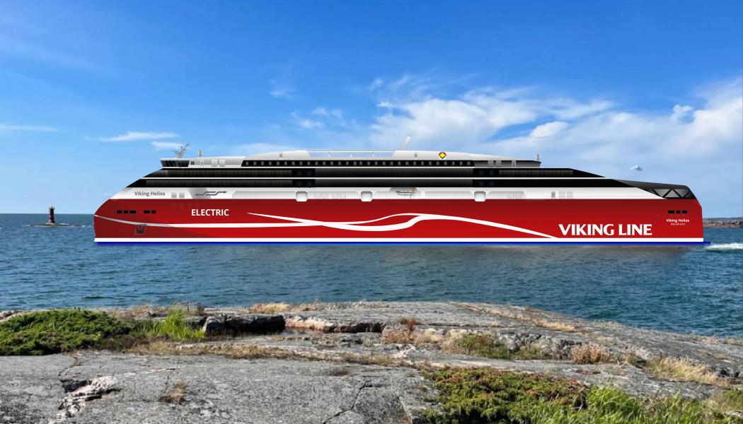 Den Cirka 195 meter långa elfärjan Viking Helios. Bild:  Viking Line 