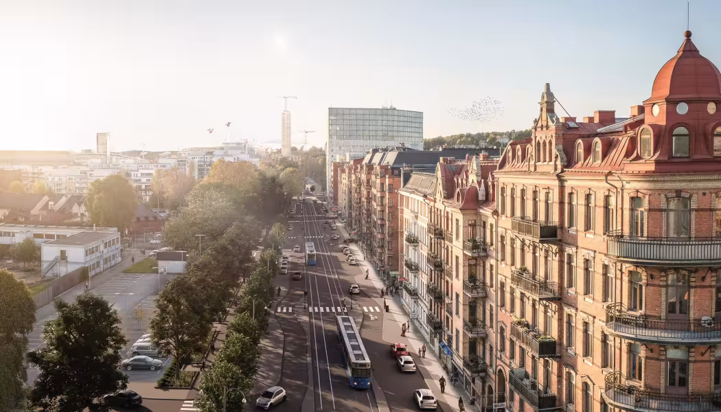 Målet med ombyggnaden av Engelbrektsgatan är - förutom ny spårväg - att skapa en attraktivare stadsmiljö mellan Avenyn och Skånegatan. Visionsbild: Sweco