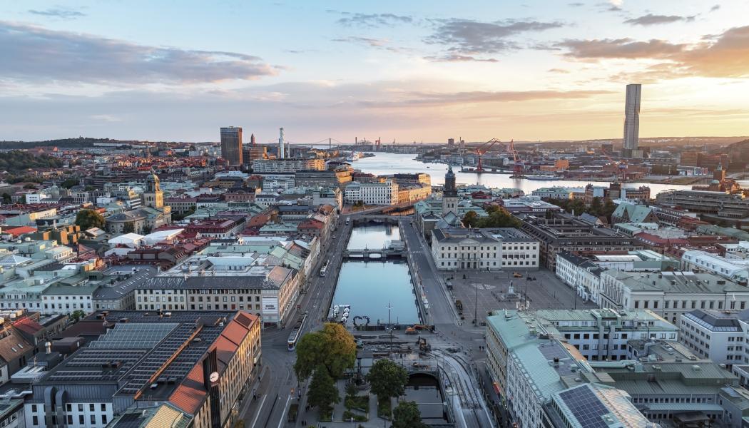Drönarfoto Stora hamnkanalen från Brunnsparken ut mot älven i Göteborg. Foto: Fotograf: Markus Esselmark