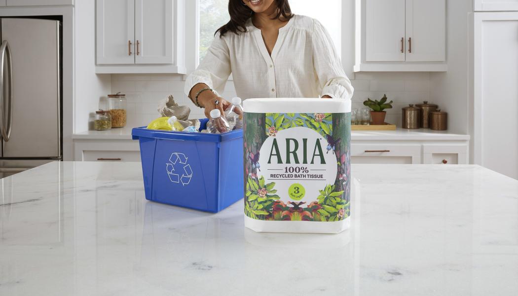 Georgia-Pacific is relaunching its ARIA® brand of bath tissue as a three-ply premium product made from 100% recycled fiber and wrapped in recyclable paper packaging. Photo: Georgia Pacific 