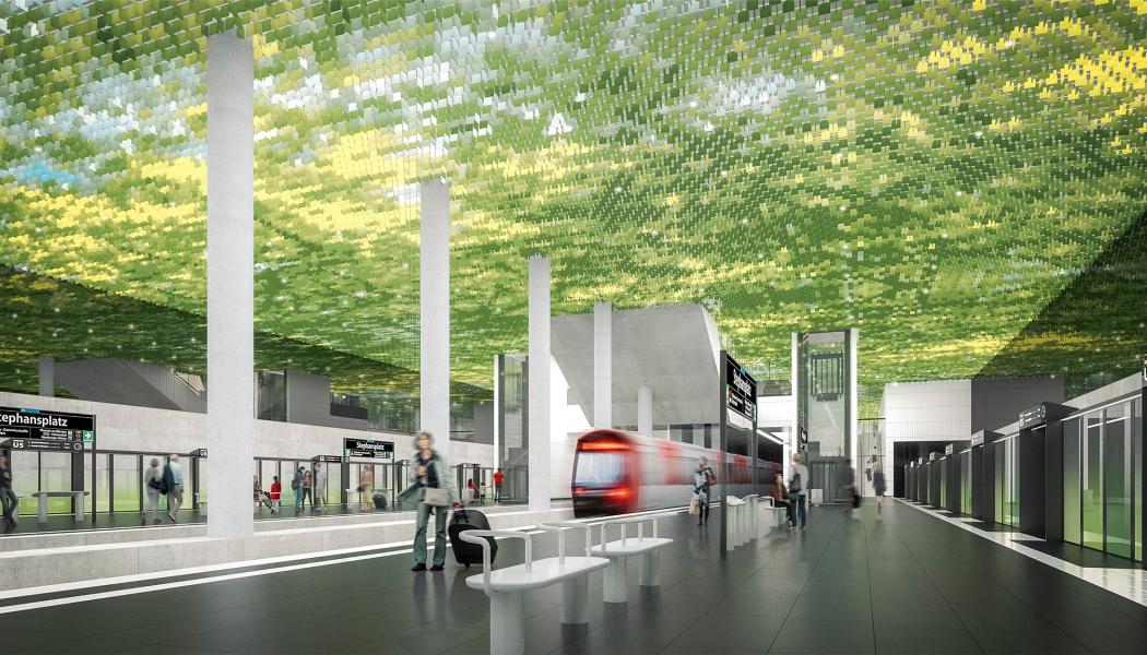 Det vinnande förslaget omfattar ett grönt tak med ljuslösning inspirerad av naturligt ljusspel. Bild: Sweco