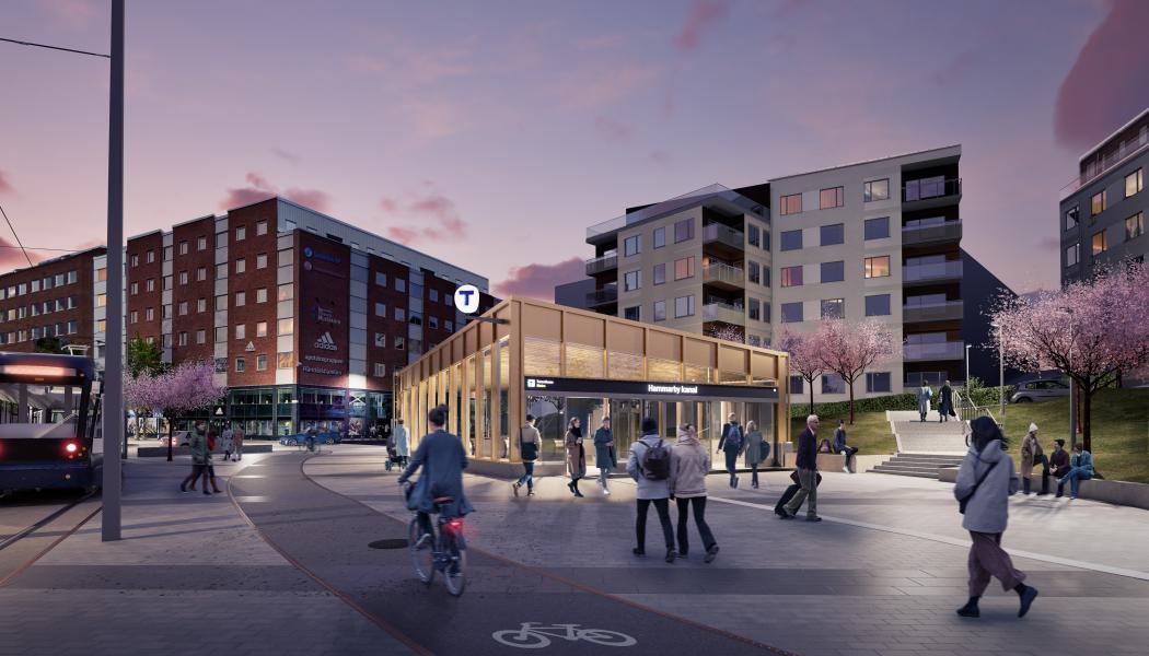 Den södra uppgången byggs i Luma. Här kommer resenärerna kunna byta till tvärbanan och bussar. Visionsbild: Region Stockholm/Sweco, Typsa