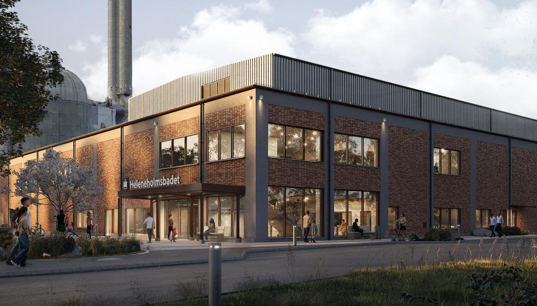 Byggnaden får fasader av tegel och betong, och taket täcks av plåt. Materialvalen har inspirerats bland annat av områdets industribyggnader med sitt robusta, röda tegel, och Munkhätteskolans plåtinklädnad. Bild: Liljewall Arkitekter