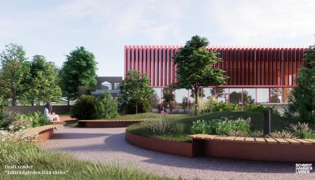  Helsingborgs stad om att bygga om och till stadens bibliotek i Stadsparken. Illustration: Schmidt Hammer Lassen