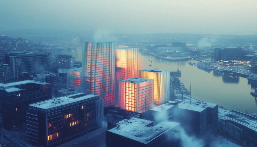 Illustration: Stad visualiserad som ett distribuerat värmelager, där byggnader används som en aktiv del av fjärrvärmesystemet. Pressbild: Utilifeed AB