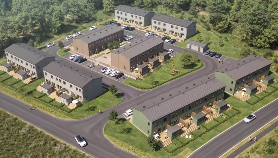  Bostadsbyggaren Surewood Housing planerar att uppföra 38 radhus för uthyrning i området Finnebäck i Karlskoga. Pressbild: Norrlandsfonden Bostadsfinansiering AB